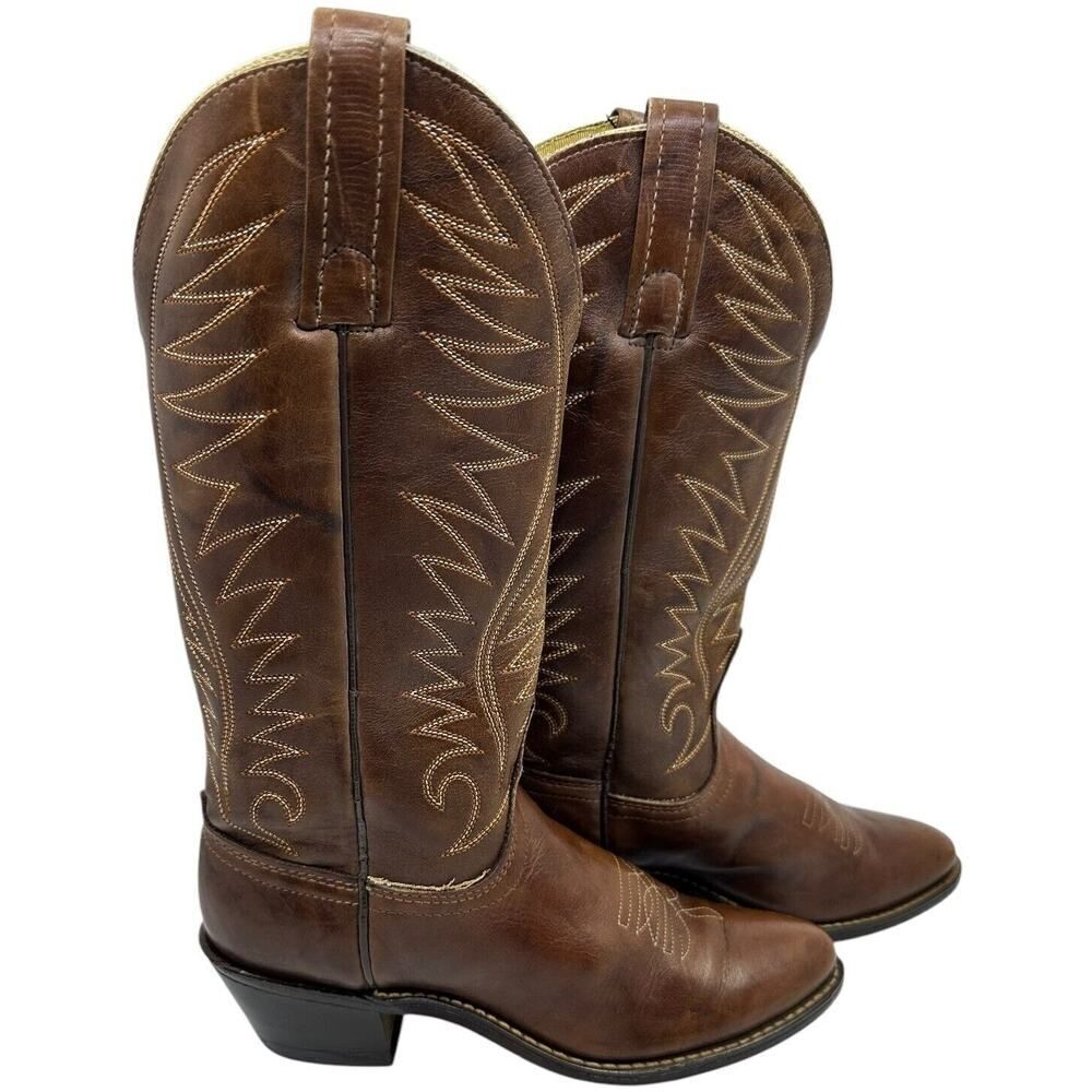 Acme Western Cowboy Boots Womens 5C Brown Leather Tall Pointed Toe Embroidered